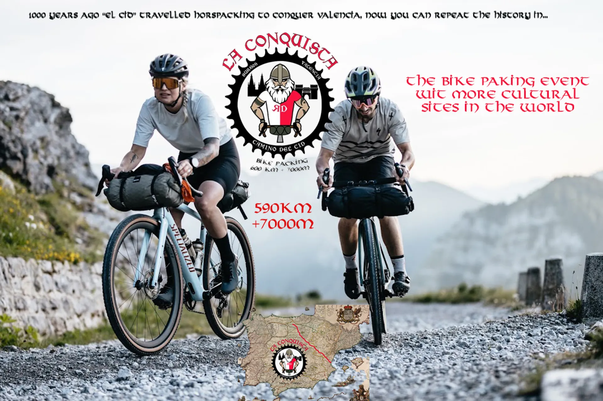 The image features two cyclists riding on rough terrain, likely part of an off-road