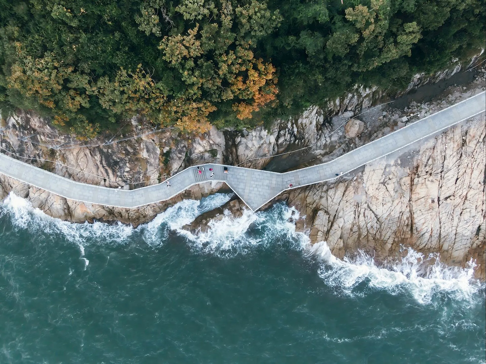 This is an aerial or bird's-eye view image of a coastal area where a curved bridge or walkway extends around the edge of a cliff face above the sea. The water below is a mix of turquoise and darker blue hues, indicating waves and movement, likely due to the proximity of the rocky cliffs. The trees on the top left of the image suggest that the area might be wooded or part of a natural park, with some autumnal color change visible in the foliage. There are a few people on the bridge, providing a sense of scale and showing that the location is accessible for visitors or tourists. The design of the bridge is quite modern and seems to be constructed to give pedestrians a scenic view of the coastline while ensuring their safety above the rough