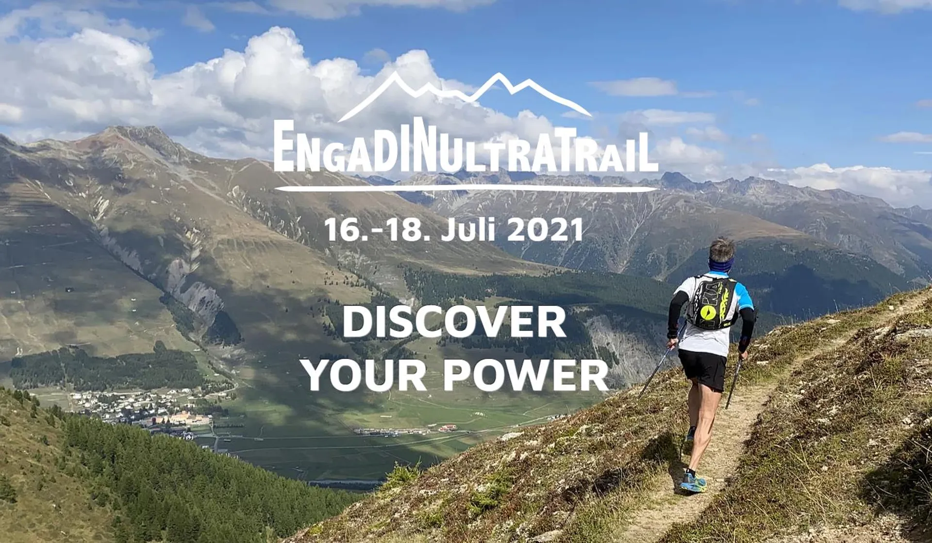 The image features a person from behind, walking or running along a mountain trail.