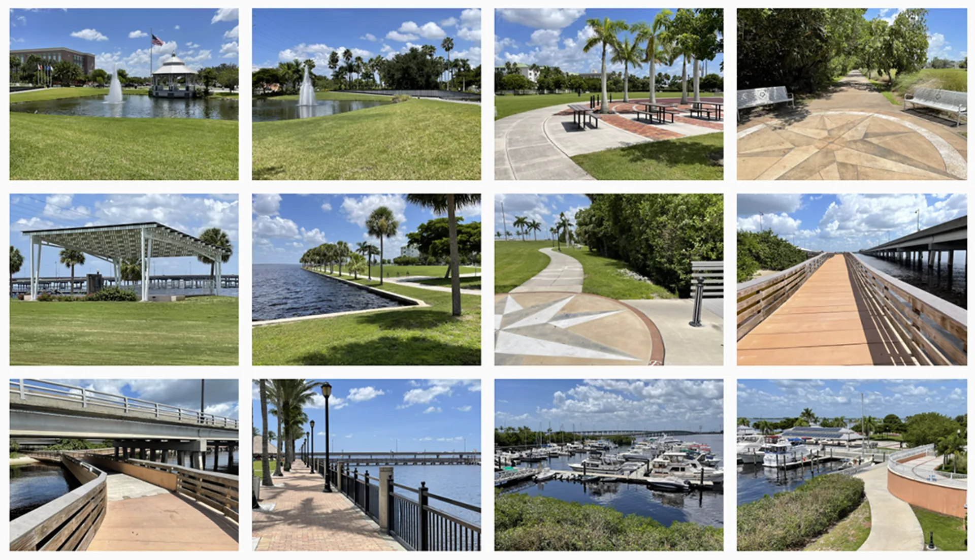 The image displays a collage of various outdoor scenes likely from a park or a waterfront area. Here are the details based on each individual picture of the collage:

1. A body of water with a house and lush greenery in the background.
2. A view across a grassy area towards a waterfront, with trees and blue sky overhead.
3. An open plaza with benches and a paved area, surrounded by greenery and a few buildings in the distance.
4. A curving pathway through a park-like setting with trees and lamp posts on either side.
5. An open-air pavilion or picnic shelter with tables, located by the water with trees around it.
6. A manicured greenspace beside a body of water, with a walking