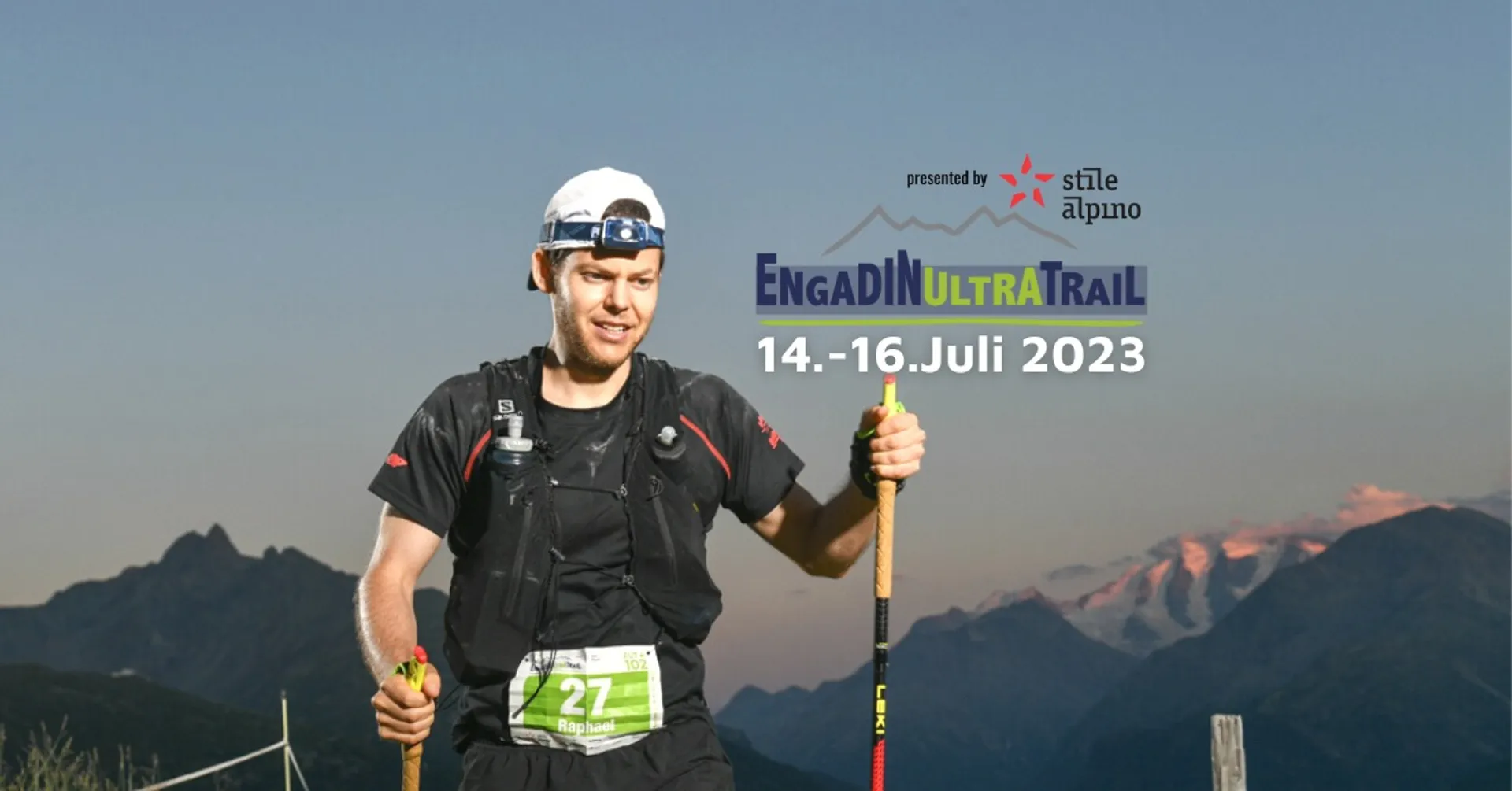 The image shows a male runner equipped with trail running gear, including a hydration pack