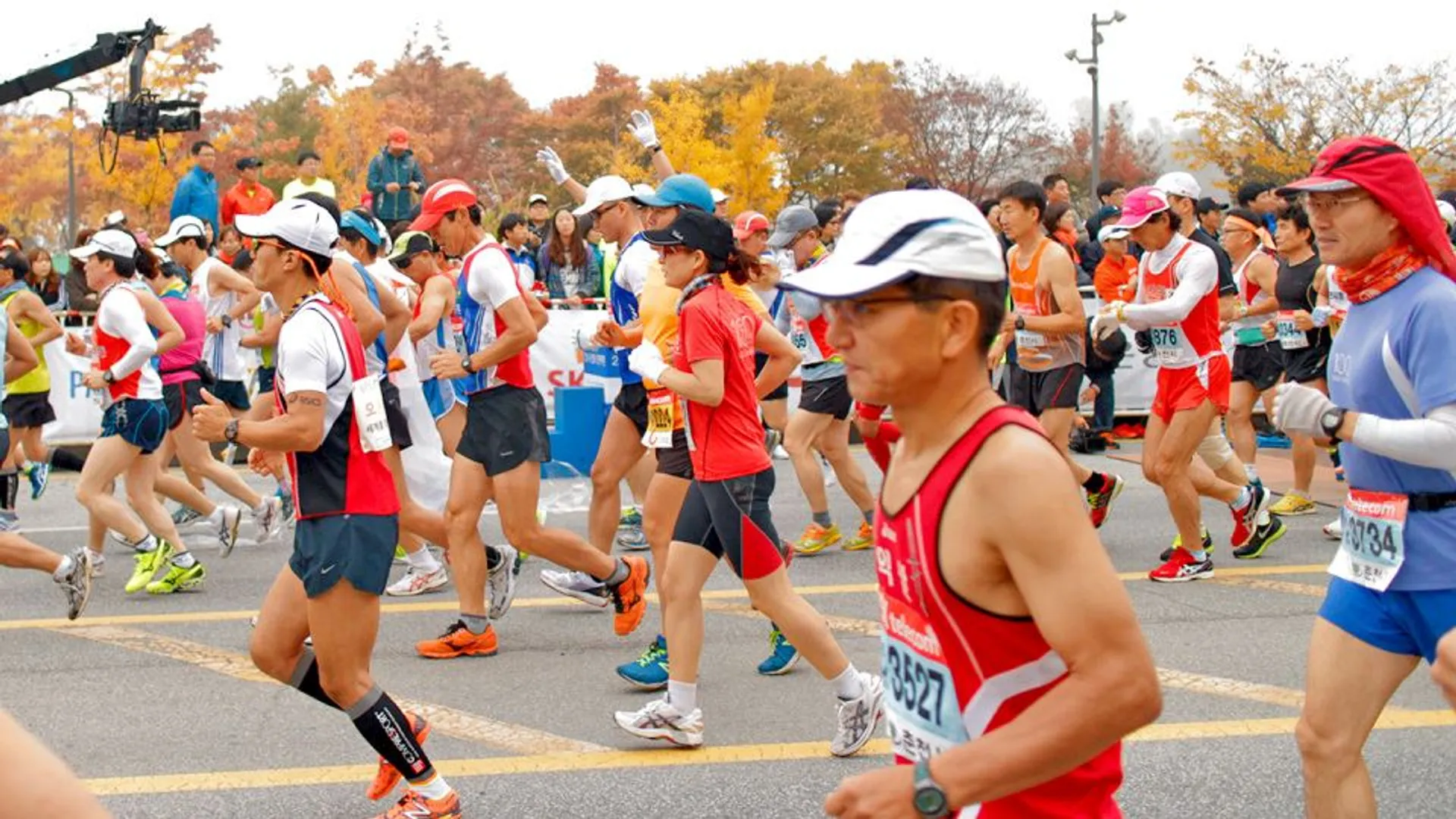 The image shows a group of people participating in a running event, likely a marathon