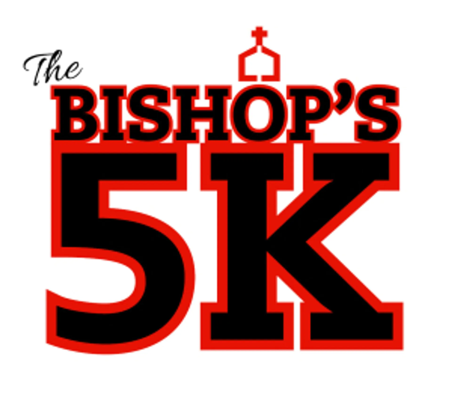 The image displays a graphic with the text "The Bishop's 5K" in bold, stylized red and black font. There is a small graphic representation of a bishop's mitre (a type of ceremonial headwear often worn by bishops in many Christian denominations) above the letter 'I' in "Bishop's." The overall design suggests that the image is likely promoting a 5-kilometer running event associated with or organized by a church or religious group.