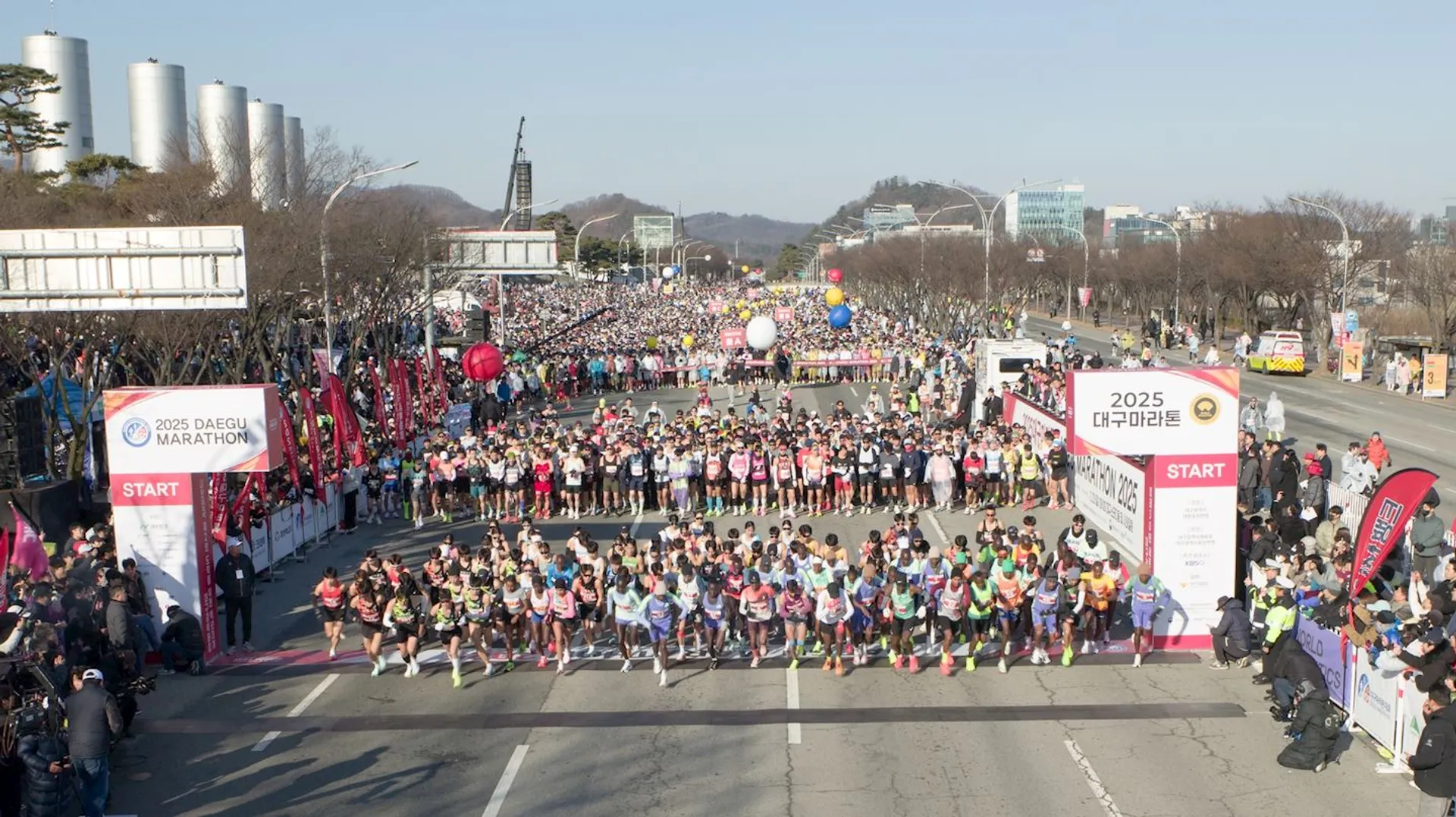 The image shows the starting line of the 2025 Daegu Marathon. A large group of runners is gathered at the start, ready to participate. There are banners and signs indicating the event, and a large crowd is visible behind the starting line. The setting appears to be a public road or street used for the marathon.