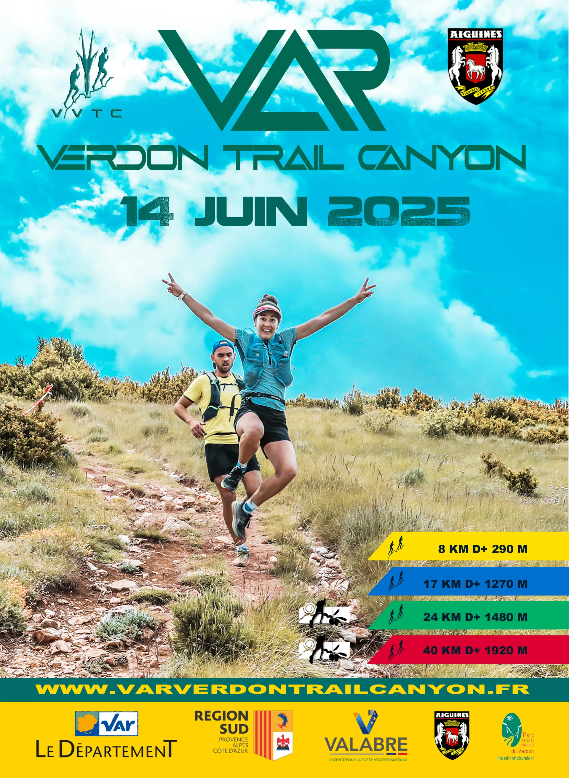 This image is a promotional poster for the "Verdon Trail Canyon" event on June 14, 2025. It features two runners on a trail with information about different race distances:

- 8 km with 290 meters of ascent
- 17 km with 1270 meters of ascent
- 24 km with 1480 meters of ascent
- 40 km with 1920 meters of ascent

The poster includes logos for various sponsors and organizations and features a scenic backdrop of the natural trail setting. The event website is listed as www.varverdontrailcanyon.fr.