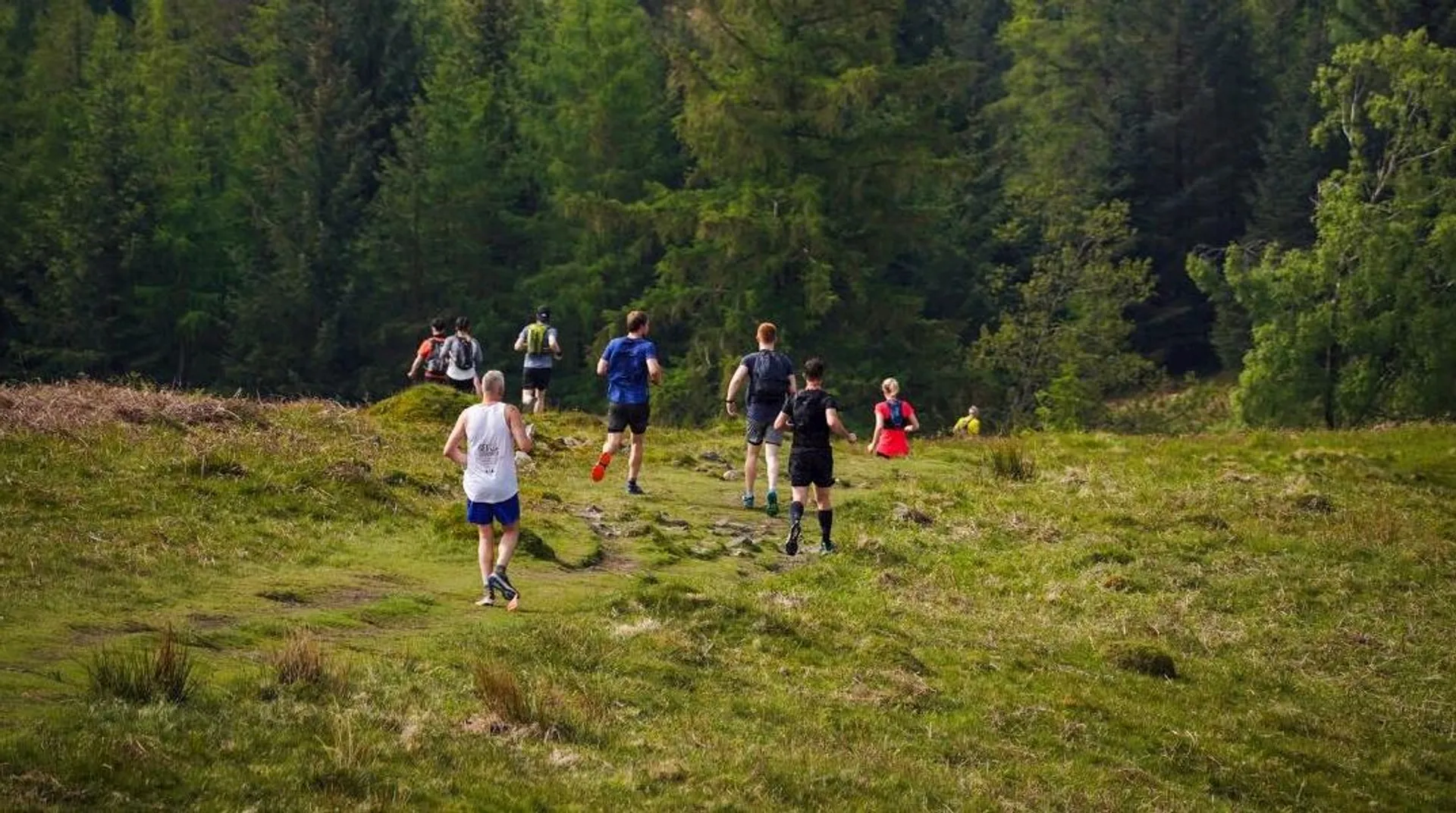The image shows a group of people hiking in a natural outdoor setting. They are