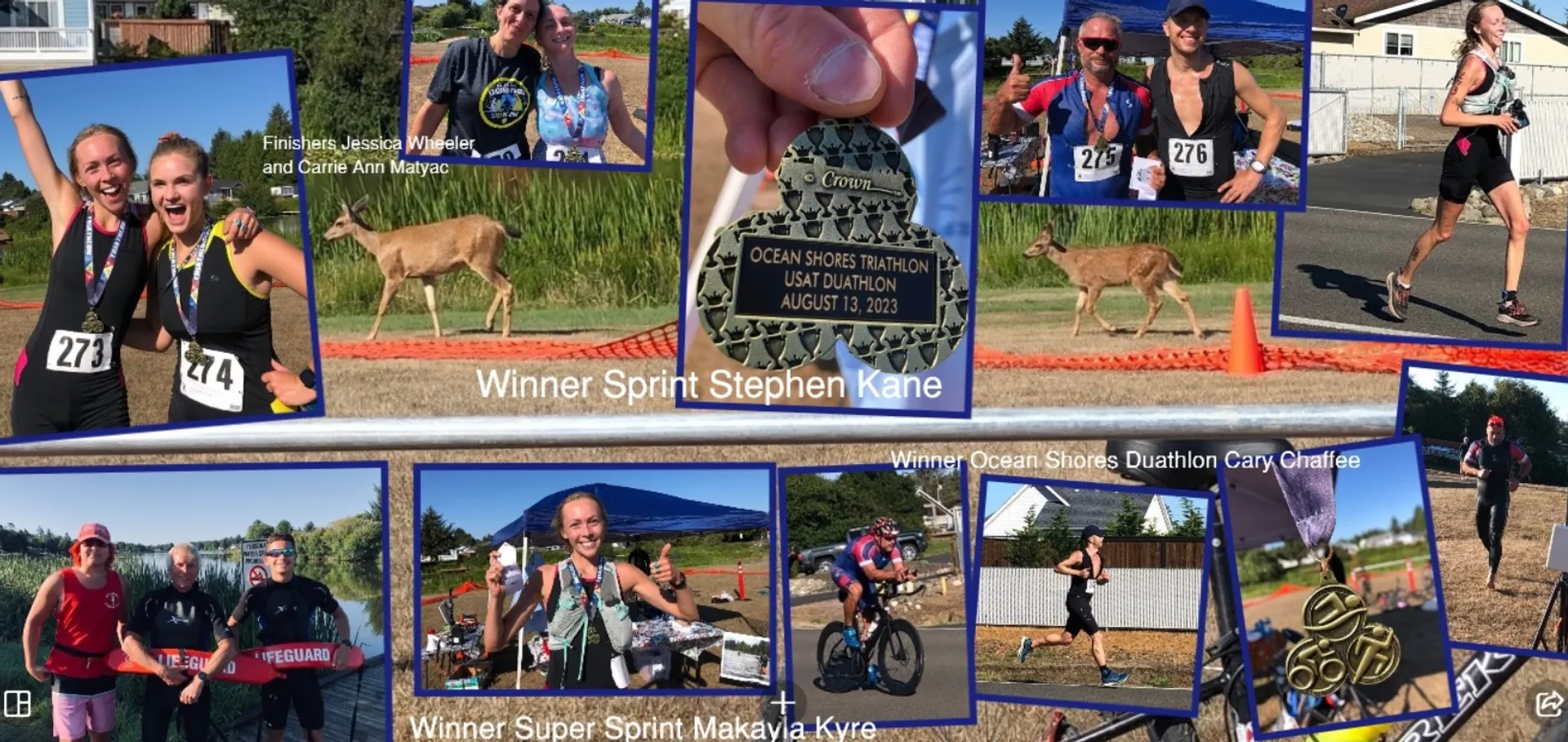 The image appears to be a collage featuring various scenes from a triathlon or multi-sport event. There are several photos of participants with their bib numbers, indicating they're in the midst of competition. Some are running, while others are cycling, and a few are captured with medals, suggesting they've completed their event successfully.

The center photo features a medal, likely one that's awarded to finishers or winners of the specific race mentioned, "Ocean Shores Triathlon Sprint Duathlon." This adds to the evidence that this event is comprised of at least running and cycling disciplines.

In the top left corner, there is a photo labeled "Finish line: Jessica, Wesley, and Carlie Ann Maynard" showing three people crossing the finish line,