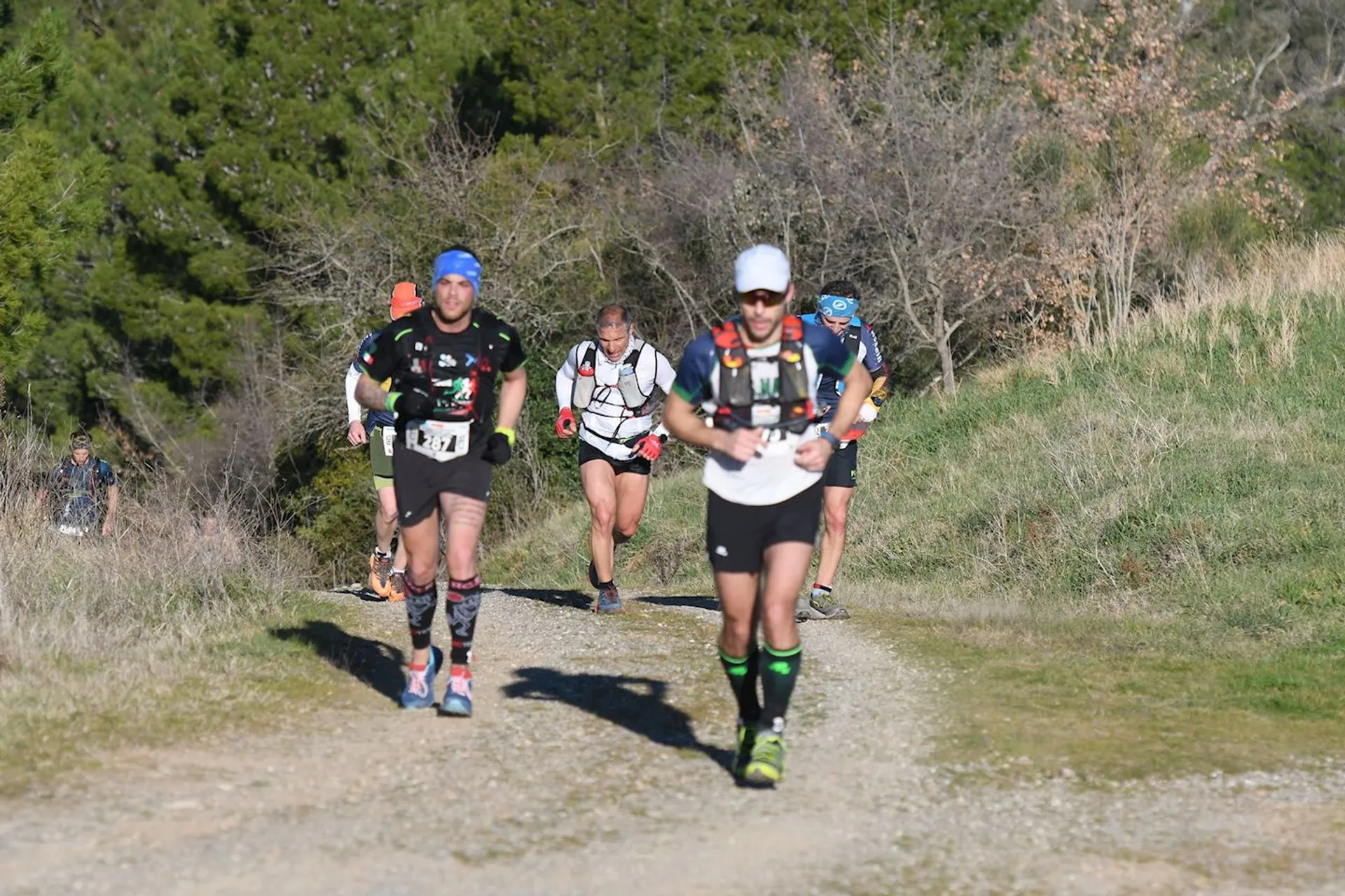 The image depicts a group of runners participating in a trail running event. The runners