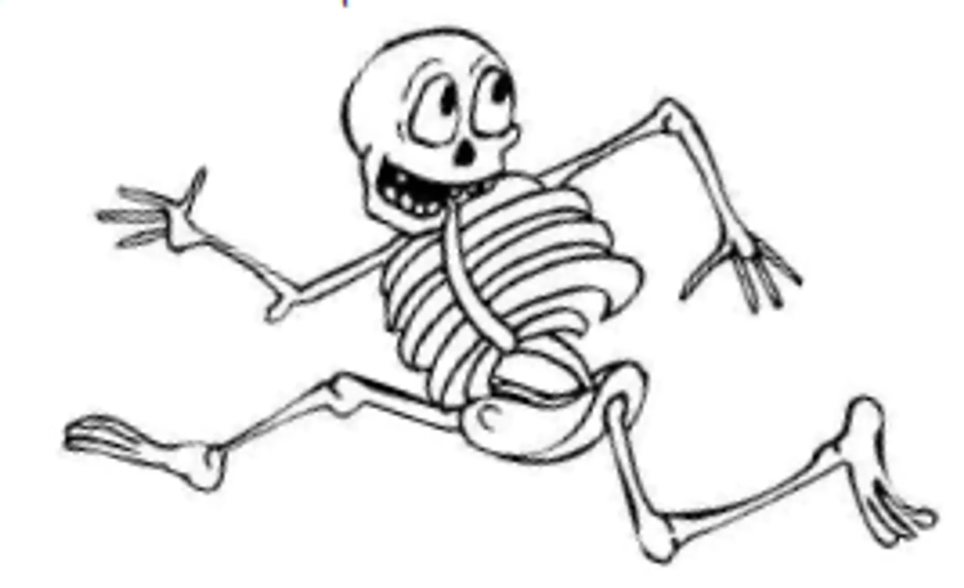 The image is a cartoon drawing of a skeleton running, with exaggerated features and a playful expression.