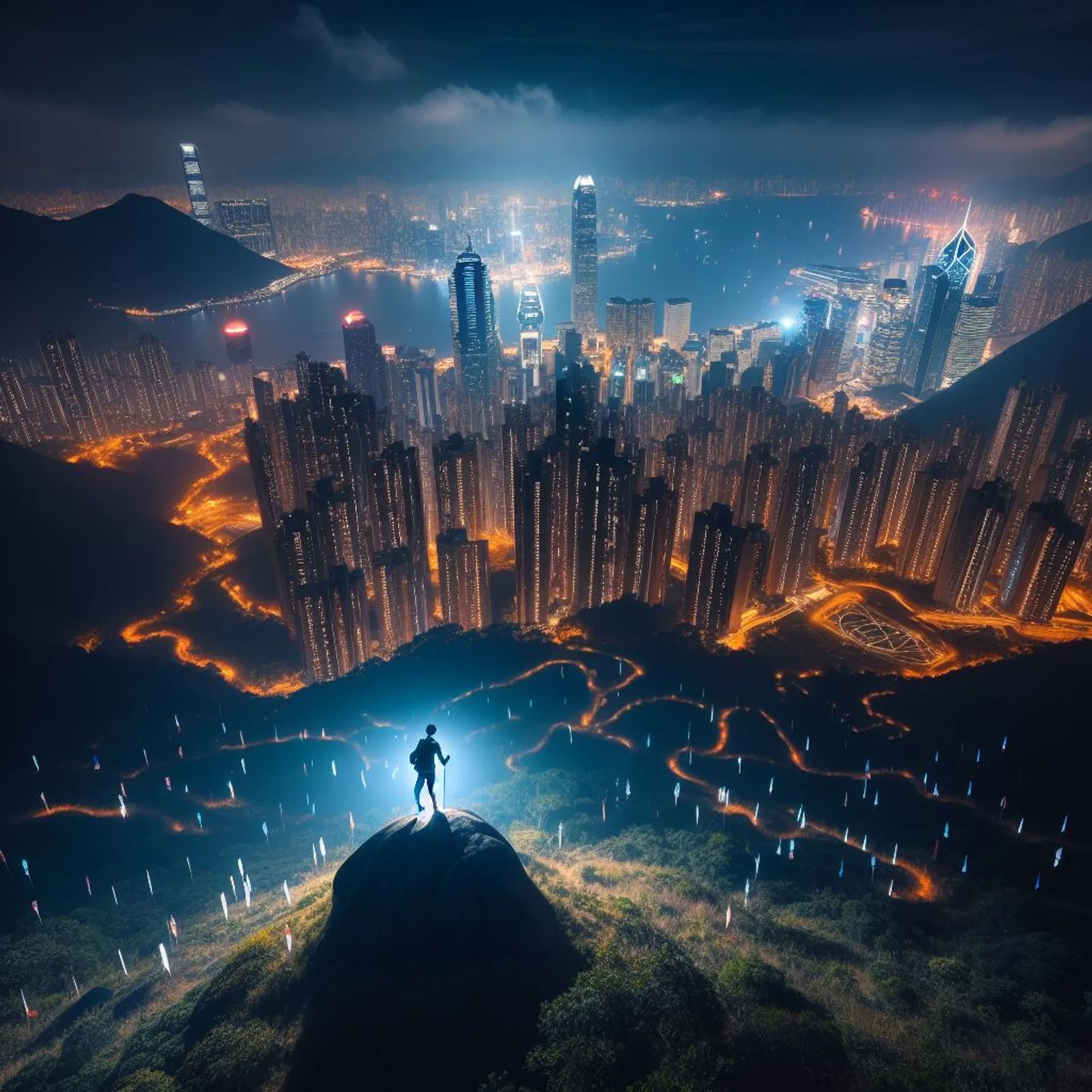 The image depicts a dramatic cityscape at night. In the foreground, a person