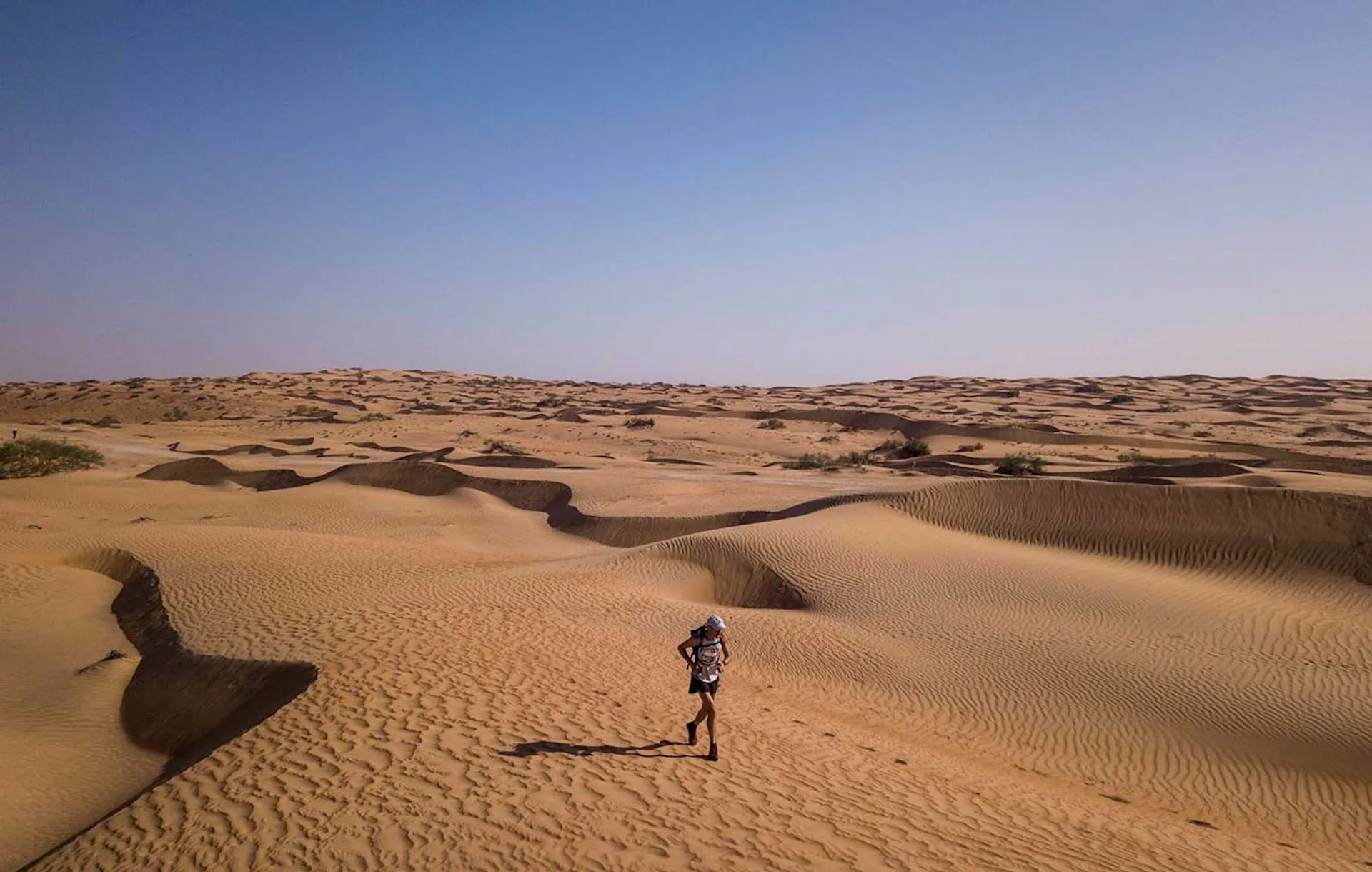 The image shows a vast expanse of sand dunes under a clear sky.