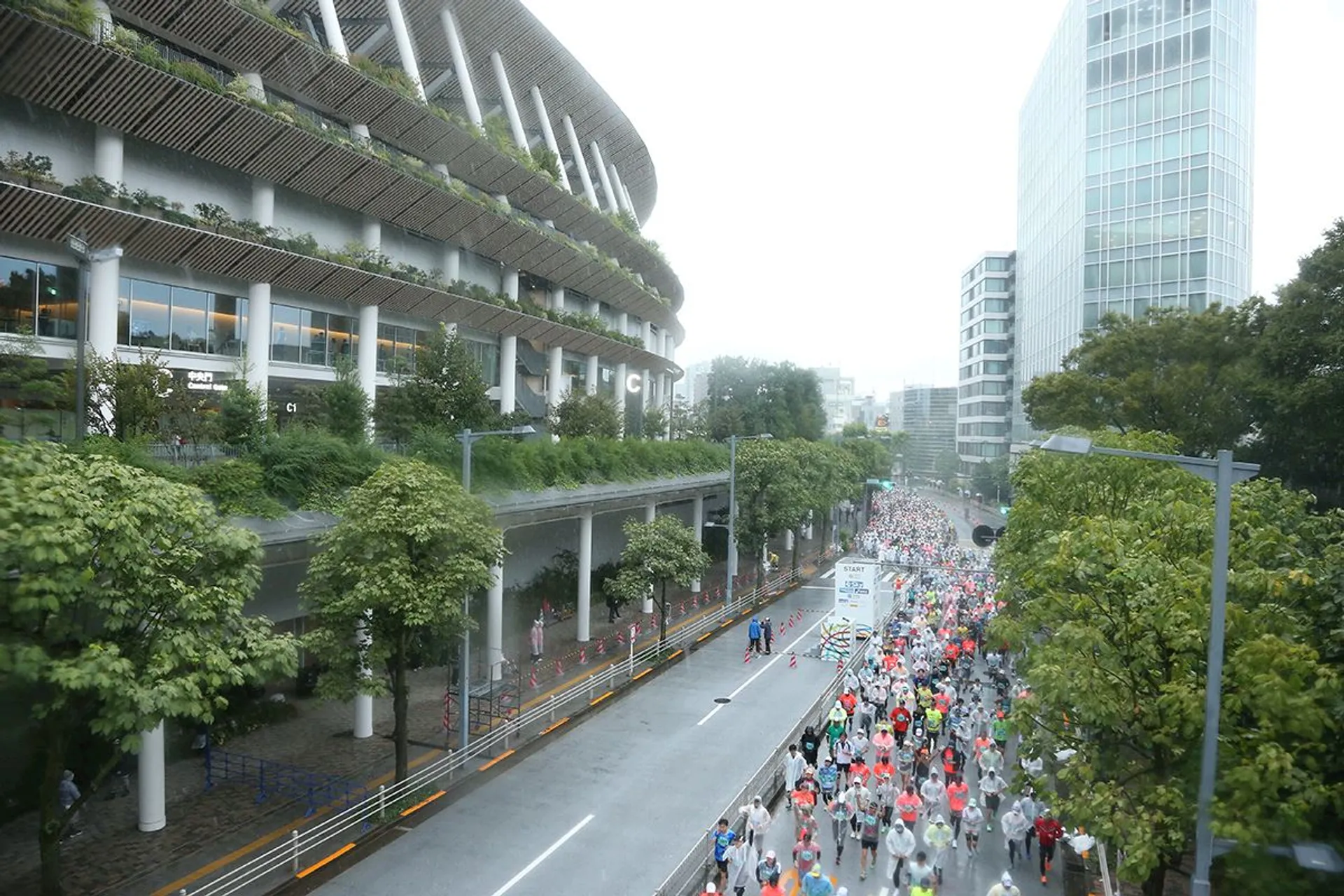The image shows a large group of people participating in a marathon or running event near a stadium. The area is surrounded by greenery and high-rise buildings.