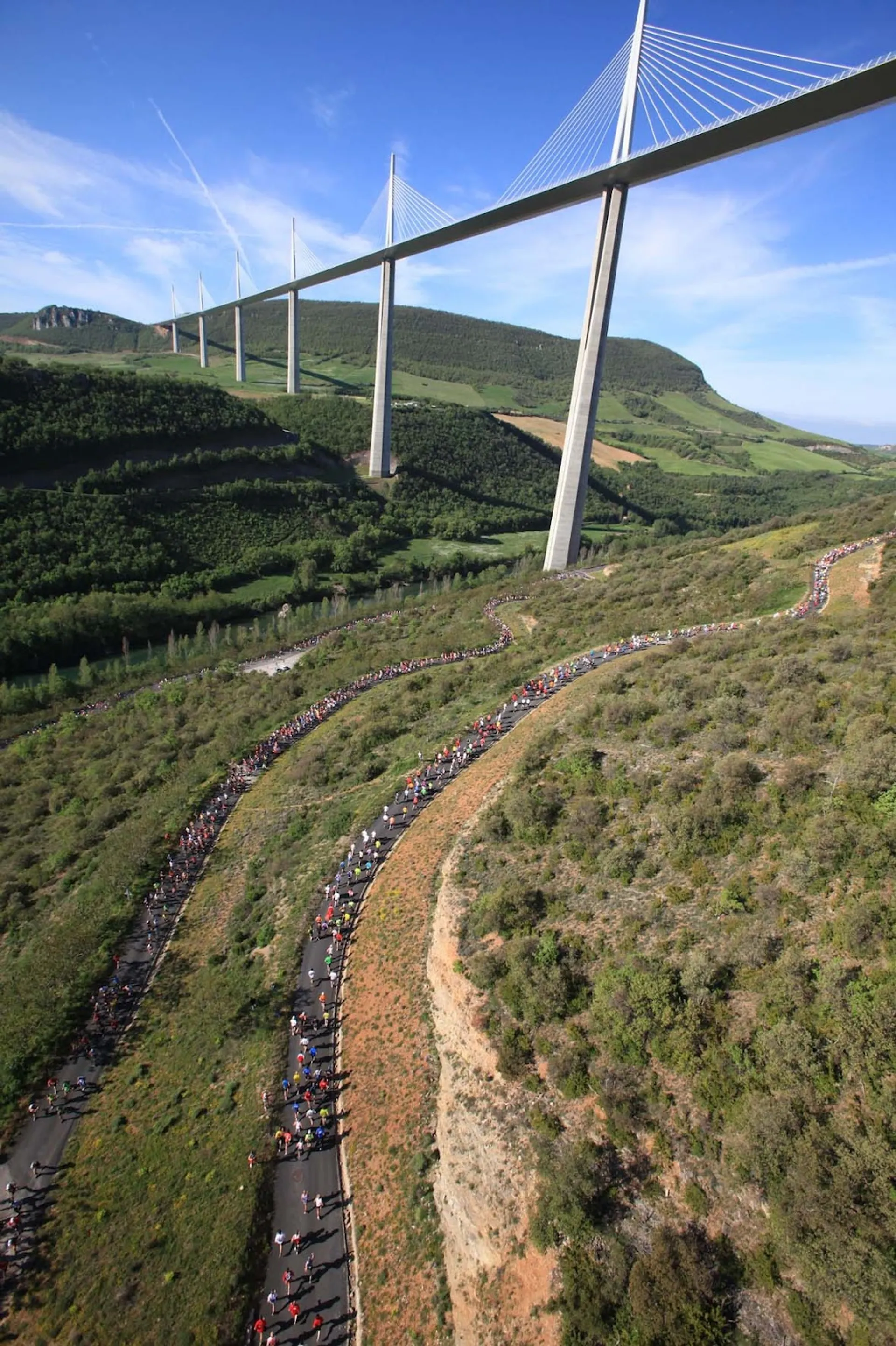 The image shows the Millau Viaduct, a cable-stayed bridge that