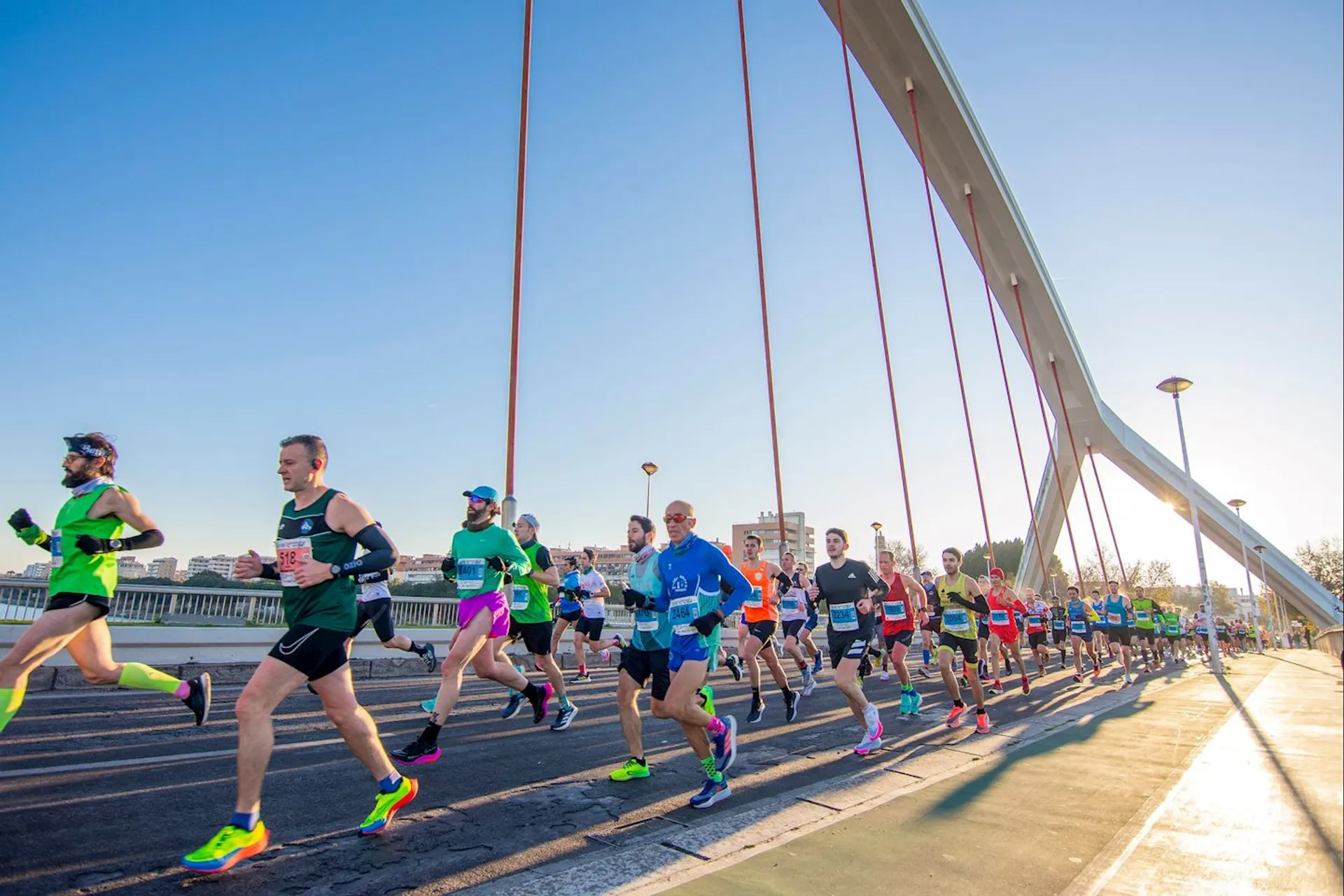 The image shows a group of runners participating in a road race, likely a marathon
