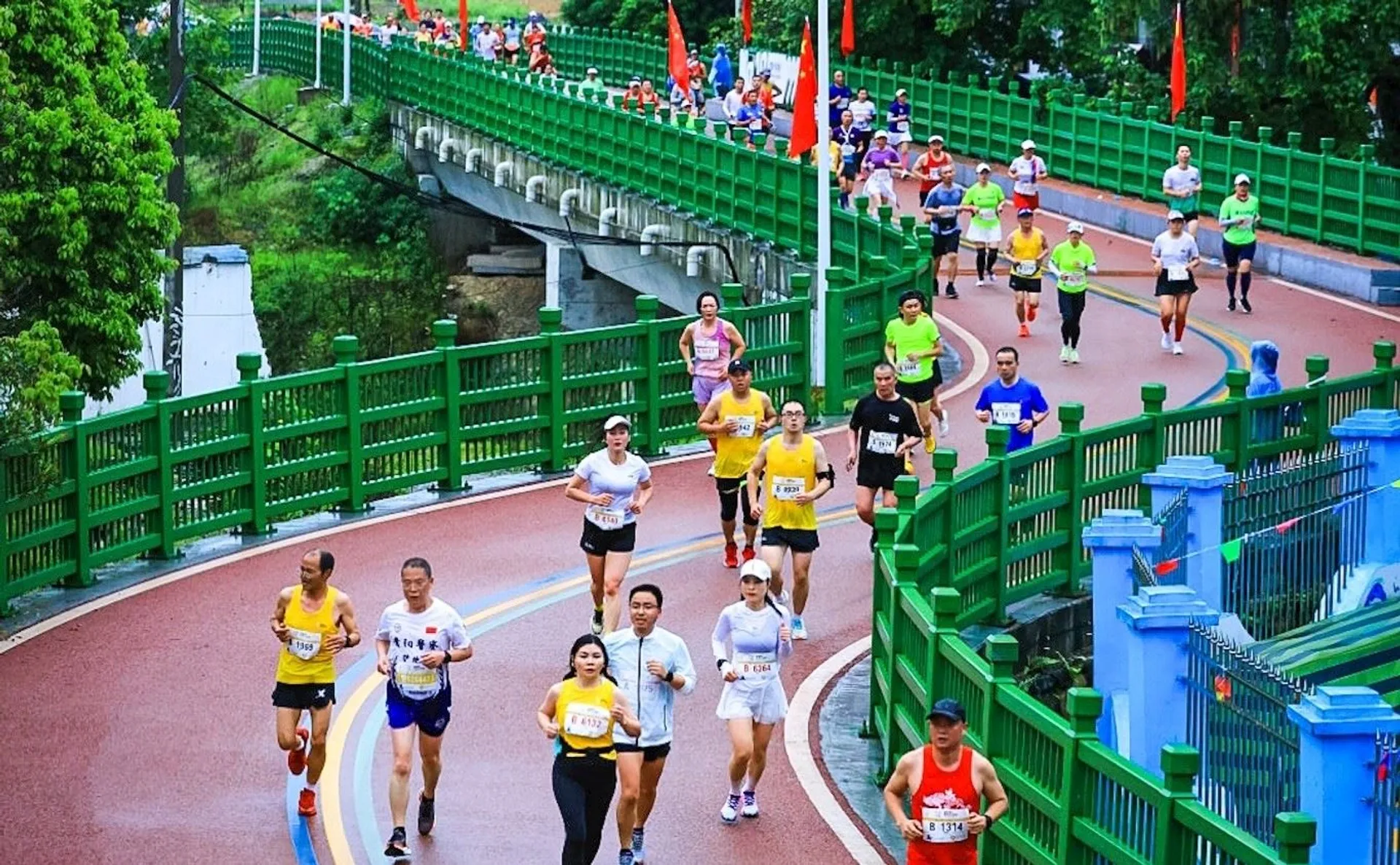 The image shows a group of people running on a road or bridge. They are participating in what appears to be a race or marathon. The surroundings include green railings, trees, and other runners in the background.